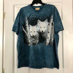 Vintage 90s The Mountain Wolf T-Shirt Blue Tie Dye Y2K Graphic Tee Large EUC